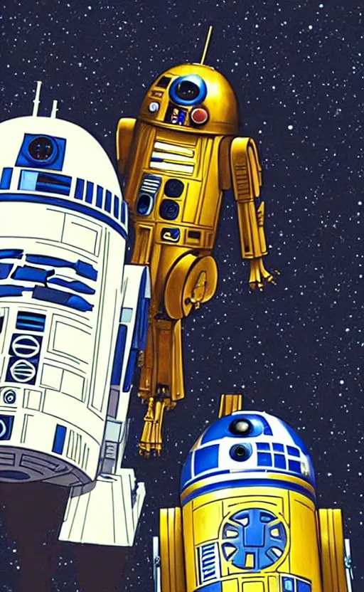 Prompt: R2-D2 and C-3PO, anime, style of studio ghibli,
