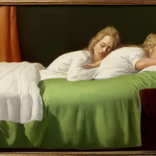 Prompt: two women sleeping in a white bed with green bedsheets in a room with light green walls, two women try to sleep while an anxious chihuahua looms above them, detailed oil painting