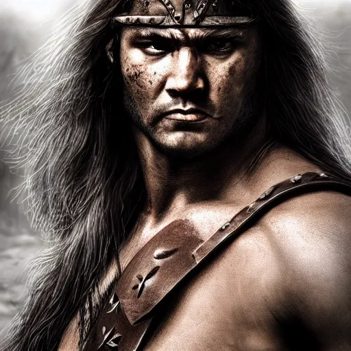 Image similar to hyper realistic photo of cimmerian conan barbarian portrait, cinematic