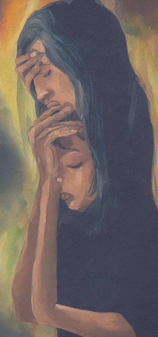 Prompt: a beautiful painting of a sad woman crying in the night, room, weird, blurry, water