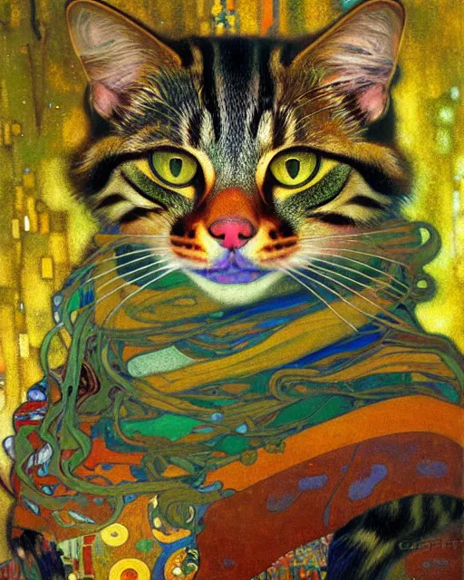 Image similar to wild forest cat portrait an oil painting splashes with many colors and shapes by gustav klimt greg rutkowski and alphonse mucha, polycount, generative art, psychedelic, fractalism, glitch art