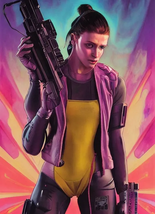 Image similar to beautiful cyberpunk female athlete wearing pink jumpsuit and firing a futuristic yellow belt fed automatic pistol. advertisement for pistol. cyberpunk ad poster by james gurney, azamat khairov, and alphonso mucha. artstationhq. gorgeous face. painting with vivid color, cell shading. buy now! ( rb 6 s, cyberpunk 2 0 7 7 )