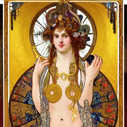 Prompt: realistic detailed dramatic symmetrical portrait of a beast with a golden cup in his hand as Salome dancing, wearing an elaborate jeweled gown, by Alphonse Mucha and Gustav Klimt, gilded details, intricate spirals, coiled realistic serpents, Neo-Gothic, gothic, Art Nouveau, ornate medieval religious icon, long dark flowing hair spreading around her