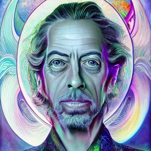 Prompt: Anna Dittmann painting of Alan watts, trending on art station, drawn by alex grey