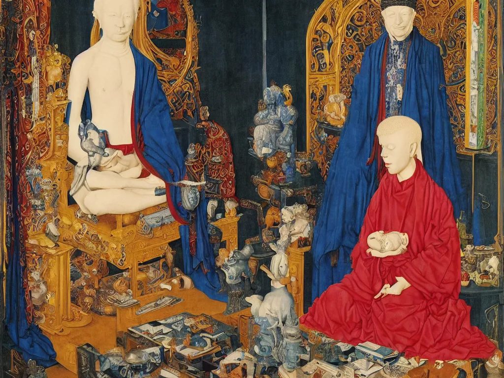 Prompt: Portrait of albino mystic with blue eyes, with Burmese marble statue of the Buddha. Painting by Jan van Eyck, Audubon, Rene Magritte, Agnes Pelton, Max Ernst, Walton Ford