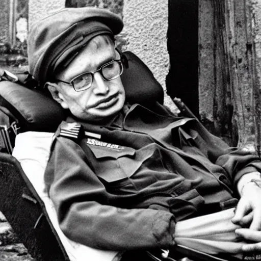 Prompt: Stephen Hawking as a soldier in Vietnam, award winning historical photograph