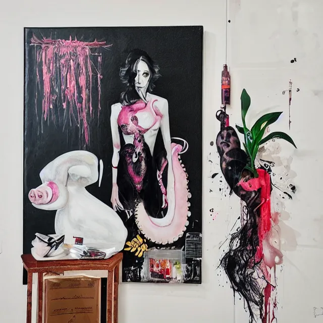 Prompt: “ a portrait in a female art student ’ s apartment, sensual, a pig theme, art supplies, surgical iv bag, octopus, ikebana, herbs, a candle dripping white wax, black walls, squashed berries, berry juice drips, acrylic and spray paint and oilstick on canvas, surrealism, neoexpressionism ”