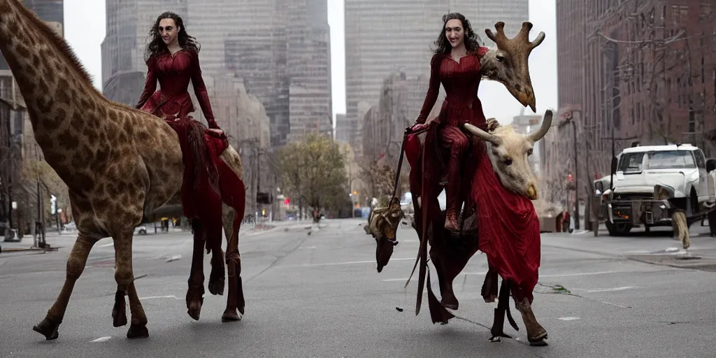 Image similar to gal gadot, in a red victorian era dress, rides on the back of a huge giraffe necked albino elk as it walks thru the deserted streets of downtown cleveland