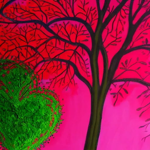 Prompt: trees with valentine heart shaped leaves in pink and red, magical realism beautiful landscape detailed luminescent painting 4 k