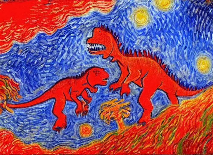 Image similar to painting of the extinction of the dinosaurs with asteroid and fire, in the style of claude monet and vincent van gogh, dramatic lighting red and blue