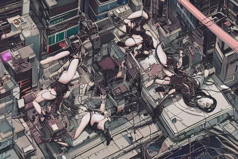 Image similar to a cyberpunk illustration of a group of female androids in style of masamune shirow, lying on an empty, white floor with their bodies scattered across in different poses and cables and wires coming out, by yukito kishiro and katsuhiro otomo, hyper-detailed, intricate, view from above