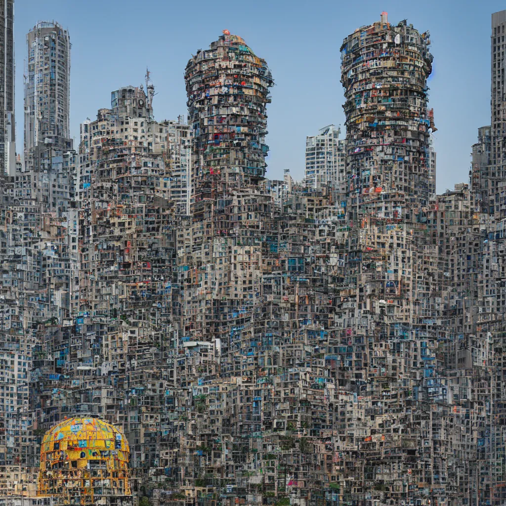 Image similar to a circular tower, made up of colourful makeshift squatter shacks in city downtown, dystopia, sony a 7 r 3, f 1 1, fully frontal view, ultra detailed, photographed by hiroshi sugimoto and,