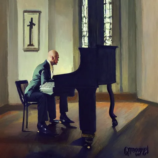 Prompt: a portrait of agent 4 7 playing a piano next to a white coffin in a monestary by gregory manchess, james gurney, james jean