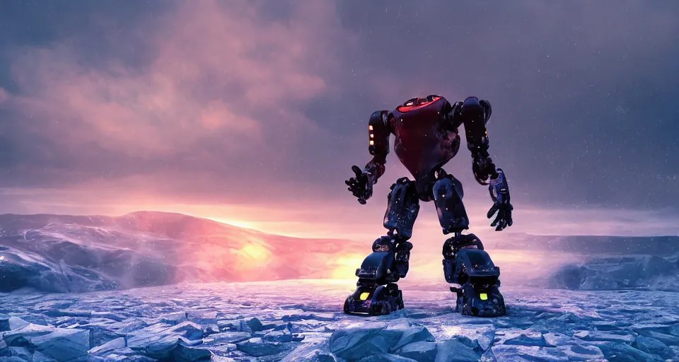 Image similar to huge robot standing in a vast, icy landscape, snow, severe weather, sunset, atmospheric, by artgerm, yoshitaka amano, 8 k, octane render, unreal engine