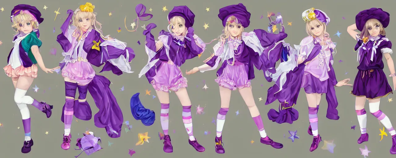 Image similar to A character sheet of full body cute magical girls with short blond hair wearing an oversized purple Beret, Purple overall shorts, Short Puffy pants made of silk, pointy jester shoes, a big billowy scarf, and white leggings. Rainbow accessories all over. Fancy Dress, Lolita Fashion, Golden Ribbon, Flowing fabric. Covered in stars. Short Hair. Art by william-adolphe bouguereau and Paul Delaroche and Alexandre Cabanel and Lawrence Alma-Tadema and Johannes Helgeson and WLOP and Artgerm and Shoichi Aoki. Fashion Photography. Decora Fashion. harajuku street fashion. Kawaii Design. Intricate, elegant, Highly Detailed. Smooth, Sharp Focus, Illustration Photo real. realistic. Hyper Realistic. Sunlit. Moonlight. Dreamlike. Fantasy Concept Art. Surrounded by clouds. 4K. UHD. Denoise.