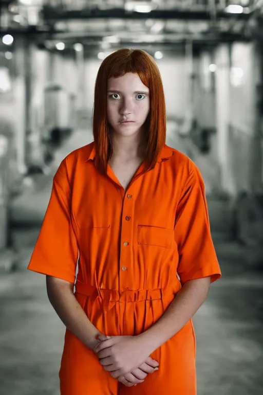 Image similar to portrait photo of a teenage girl in an orange jumpsuit. Bright orange, natural hair, freckles. In an industrial environment. Shallow depth of field. Dramatic lighting. Low light. Highly detailed.