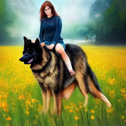 Image similar to girl riding a giant German shepherd in a field of flowers, trending on artstation