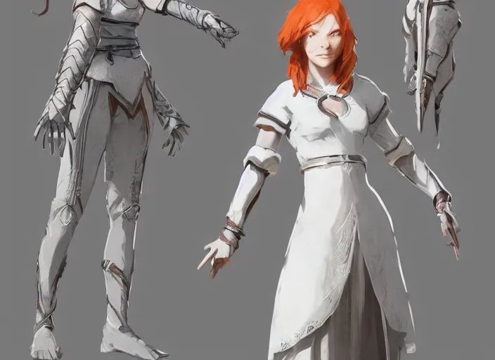 Prompt: character sheet for a ginger woman, mage, light white clothes, for dragon age by greg rutkowski, by studio ghibli, digital art, trending on artstation, hd, 8 k, highly detailed, good lighting, beautiful, masterpiece