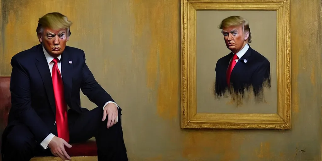 Image similar to character art by ruan jia, young donald trump paints a portrait of himself older at mar - a - lago