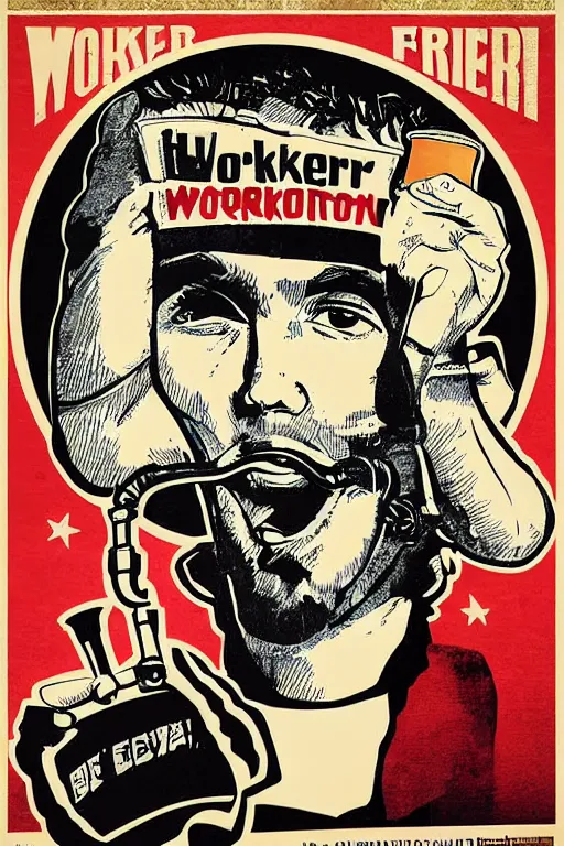 Prompt: worker revolution drinking beer and fried chicken through his head, poster propaganda art style, higly detailed
