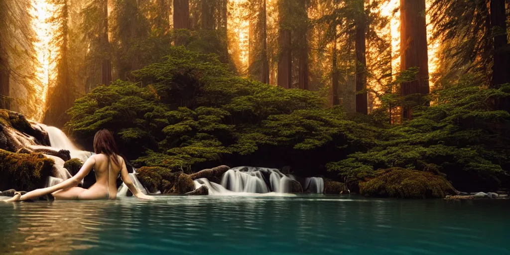 Prompt: beauteous goddess swimming in a waterfall lagoon surrounded by redwood trees, by dustin lefevre, marco grassi, sapna reddy, during golden hour, cinematic forest lighting, hyperdetailed, in volumetric soft glowing mist, elegant pose, movie still, real life landscape