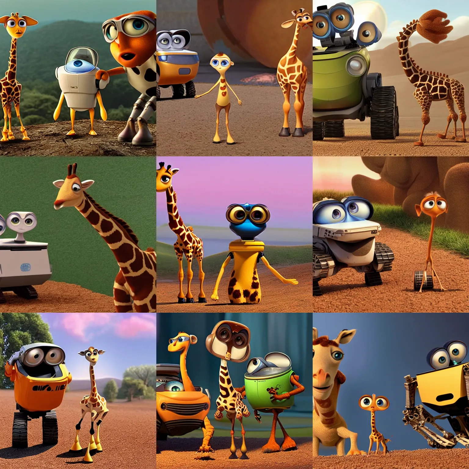 Prompt: pixar animation of eve, wall - e, and sofie the giraffe