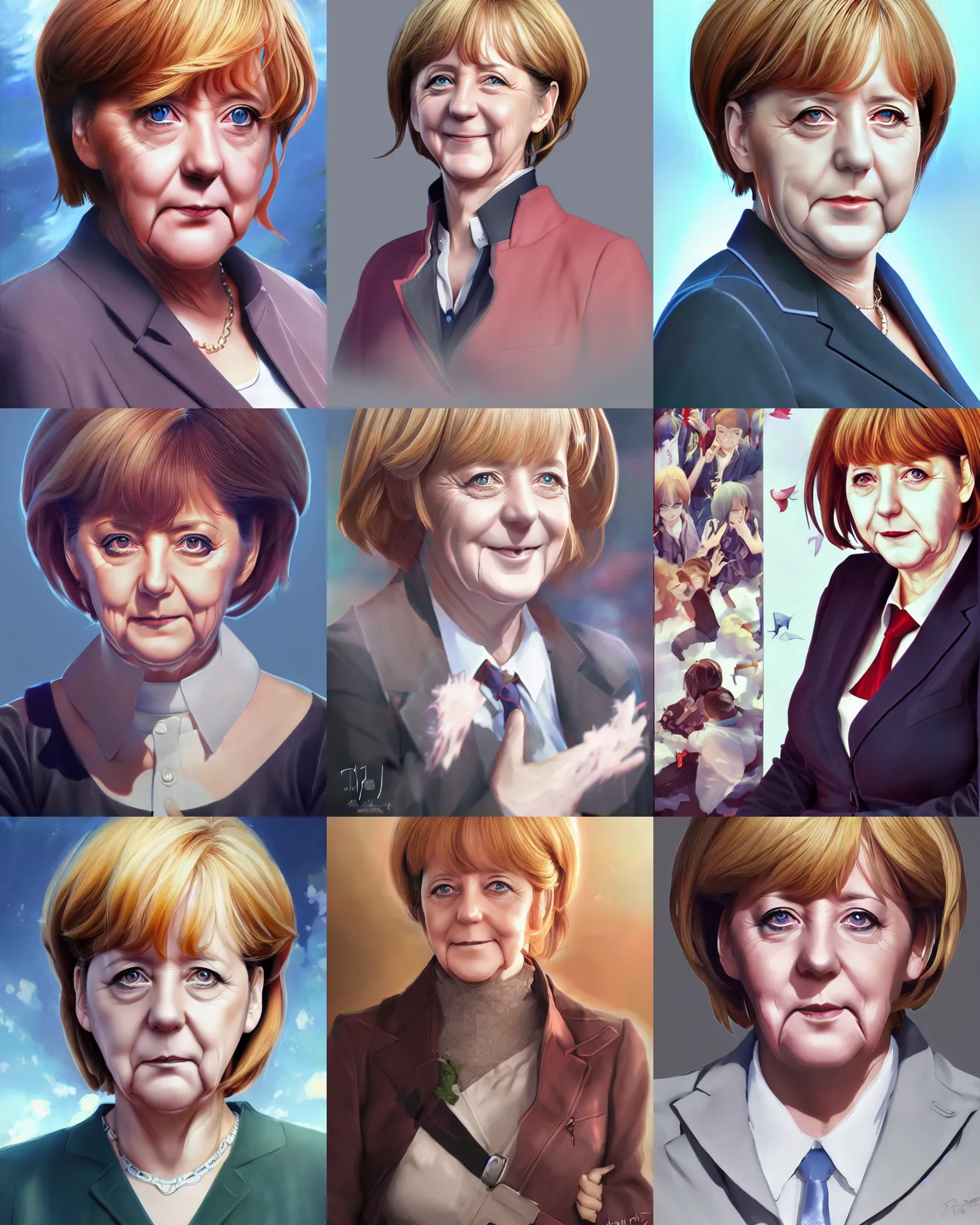 Prompt: An anime portrait of Angela Merkel, by Stanley Artgerm Lau, WLOP, Rossdraws, James Jean, Andrei Riabovitchev, Marc Simonetti, and Sakimichan, tranding on artstation