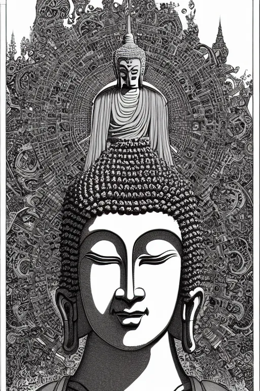 Image similar to colorful!!! sideview of buddha jesus by laurie greasley and hans bellmer, ( ( etching by gustave dore ) ), ultraclear intricate, sharp focus, highly detailed digital painting illustration, concept art, masterpiece