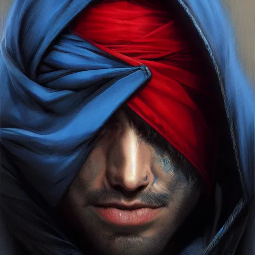 Prompt: ultra realistic illustration, man with black hair with a black mask, in blue hood, red and blue eyes, highly detailed, digital painting, artstation, concept art, smooth, sharp focus, illustration, art by artgerm and greg rutkowski and alphonse mucha