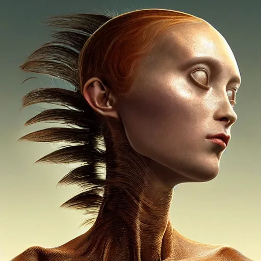 Image similar to A young beautiful female extraterrestrial-cyborg face with a very long neck, big clear eyes, thin nose, big lips, hair floating in the wind:: alien is from the future, Realistic, Refined, Detailed Digital Art, Oil Painting, William-Adolphe Bouguereau, Pre-Raphaelite,Renaissance, Highly Detailed, Cinematic Lighting, Unreal Engine, 8K