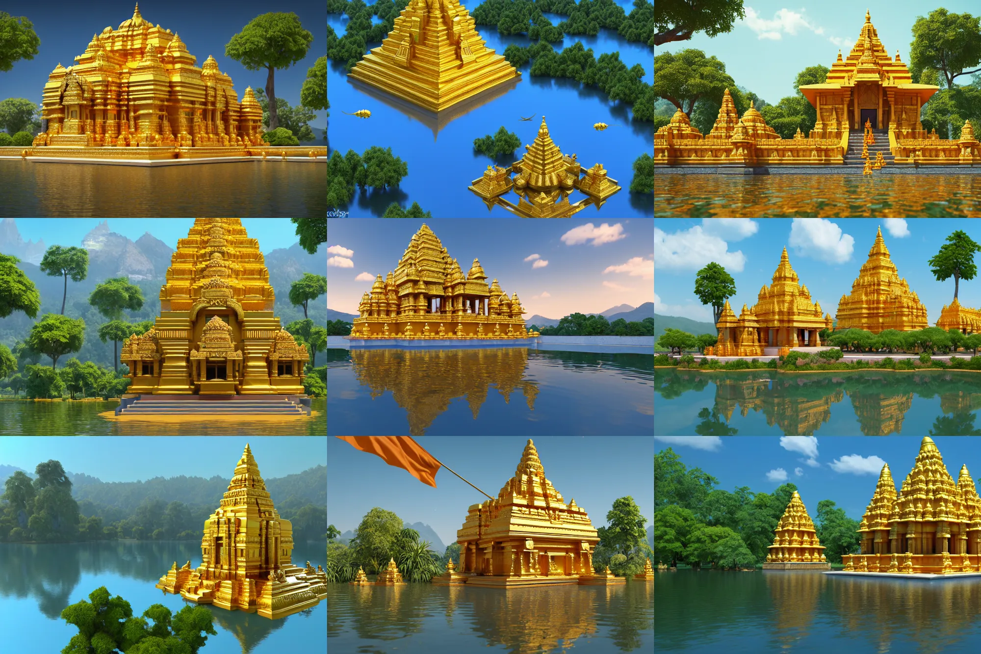 Prompt: an ancient hindu temple made of gold with hindu flags in serene floral environment alongside a beautiful lake, bright blue sky birds flying, art deco, oak trees, mountainous background, distant, high angle, wide angle, global illumination, trending on artstation, octane render, cgsociety, surrealist, cinematic, unreal engine 5