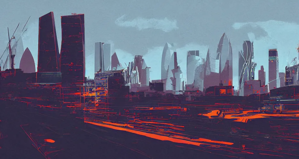 Prompt: color sketch of the london skyline, highly detailed, dramatic lighting, intense shadows, rich deep colours, by james gilleard