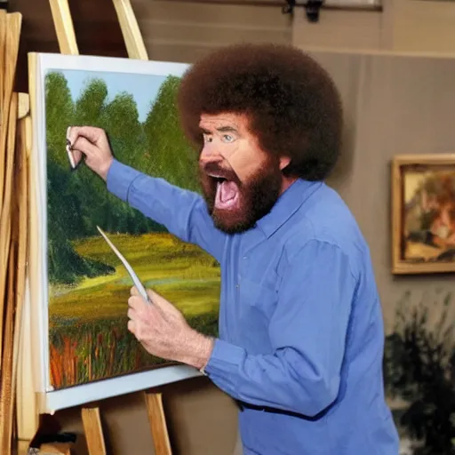 Image similar to bob ross screaming at his painting