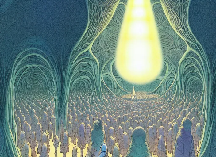 Prompt: a symmetrical!!! delicate mtg illustration by charles vess and kawase hasui of a large group of people entering the glowing doorway of a massive vulva - shaped temple made of smooth organic architecture and floating in the astral plane and constructed of house - sized crystals and a bulb of the vestibule made of iridescent pearl