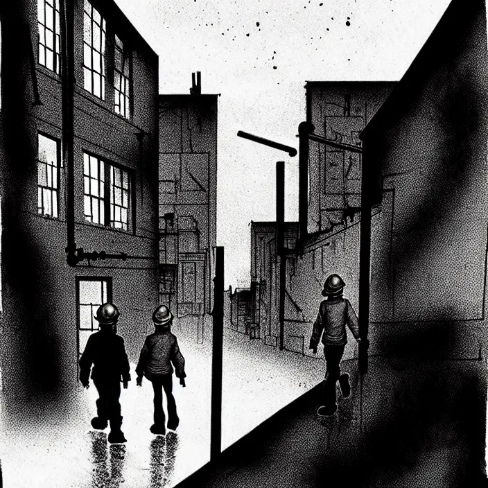 Image similar to [ sadie sink in dirty workmen clothes walks ] next to [ a long street with newcastle terraced housing ]. background : factory, dirty, polluted. technique : black and white pencil and ink. by gabriel hardman, joe alves, chris bonura. cinematic atmosphere, detailed and intricate, perfect anatomy