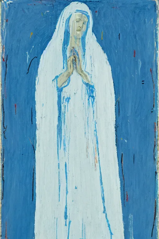 Image similar to light blue, virgin mary of lourdes painted by cy twombly and basquiat