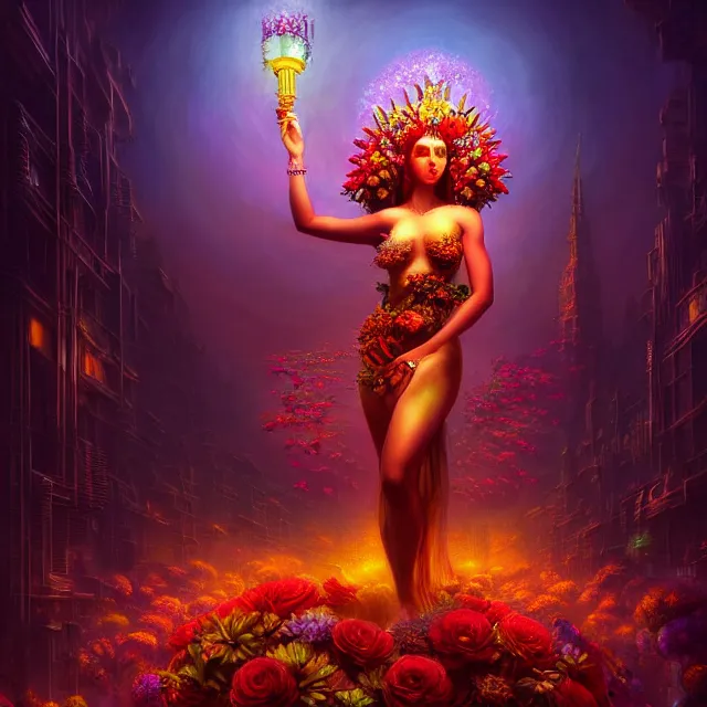 Image similar to Beautiful 3d render of the flower queen goddess in a sensual pose, atmospheric lighting, painted, intricate, volumetric lighting, beautiful, rich deep colours masterpiece, sharp focus, ultra detailed, in the style of Dan Mumford and marc simonetti, with a crowded futuristic cyberpunk city in the background, astrophotgraphy