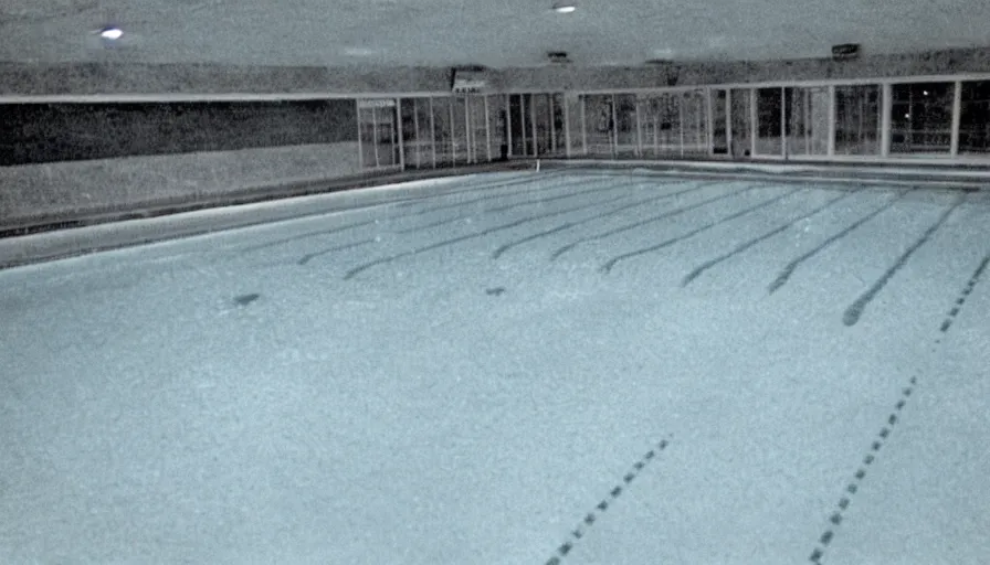 Image similar to 1 9 6 0 s movie still of an empty blue and yellow tiles municipal swimmingpool, security cam night vision footage, liminal space style