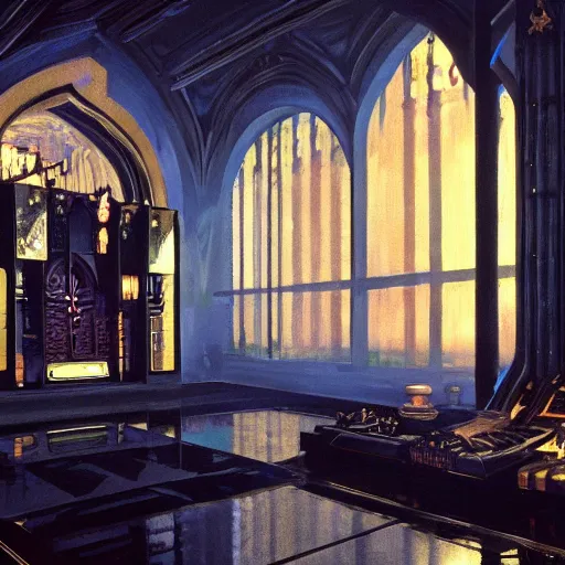 Prompt: detailed painting of bladerunner interior room with celestial ornaments and gothic architecture, artstation, syd mead, cinematic