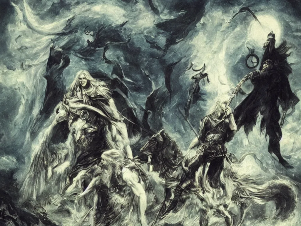 Image similar to Odin the wanderer, neo-romanticism, norse mythology