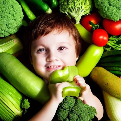 Image similar to a child made of vegetables, photo realistic, professional photography