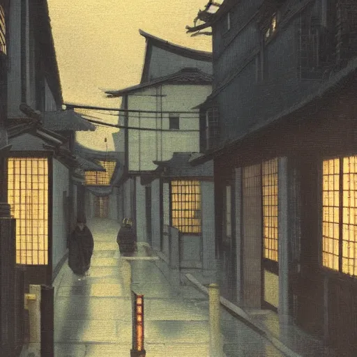 Prompt: a typical japanese city street in the rain, vermeer painting, dark academia aesthetic, matte painting