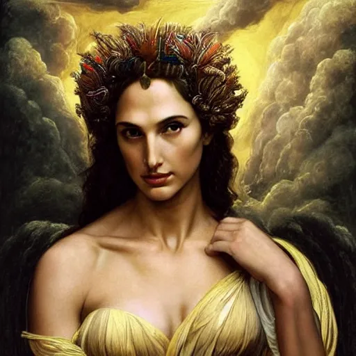 Prompt: Head and shoulders masterpiece portrait oil painting of the beautiful goddess Gal Gadot as Artemisa, she is wearing roman clothes and a surreal jewelry, her hair is natural disheveled, she is approaching heaven over the clouds, naturalism, dramatic lighting, high-detailed oil painting by Ilya Repin, Michelangelo da Caravaggio, William Blake, Alex Grey and Beksinski, trending on Artsation, hystorical painting, naturalism, masterpiece, 4k, 8k,