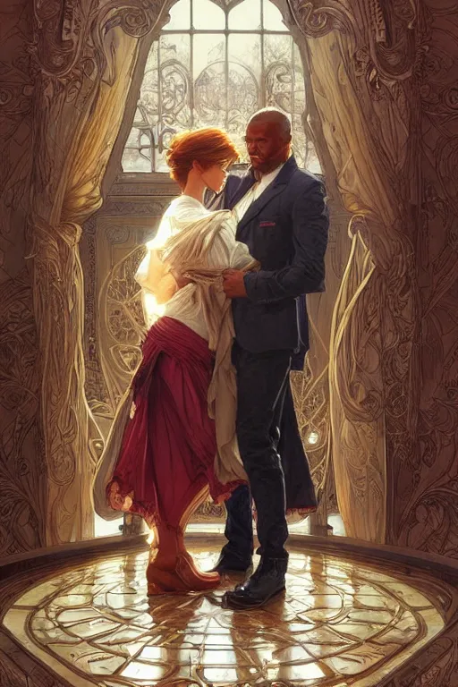 Image similar to portrait of a man in dhl van hugging his wife, feelings, romantic, fantasy, intricate, elegant, highly detailed, digital painting, artstation, concept art, smooth, sharp focus, illustration, art by artgerm and greg rutkowski and alphonse mucha