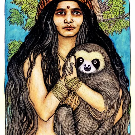 Image similar to a cottagecore indian witch holding a cute sloth, highly detailed, masterpiece, illustrated, art by rebecca guay