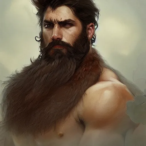 Prompt: portrait of a gruff ranger, Cain, muscular, hairy body, intricate, elegant, highly detailed, digital painting, artstation, concept art, matte, sharp focus, illustration, art by Artgerm and Greg Rutkowski and Alphonse Mucha