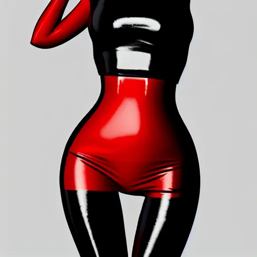 Prompt: a curvy pale goth woman with a modest elaborate elegant red shimmering multilayered latex striped tight high-neck outfit, cgsociety, photorealistic, sublime-cool-badass-hyperadvanced-cute, 16k, smooth, sharp focus, trending on ArtStation, volumetric lighting