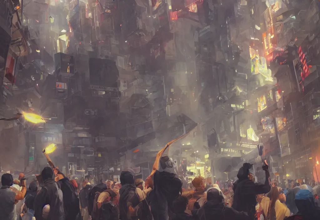 Prompt: angry protester holding placard, detailed digital illustration by greg rutkowski, medium shot, android netrunner