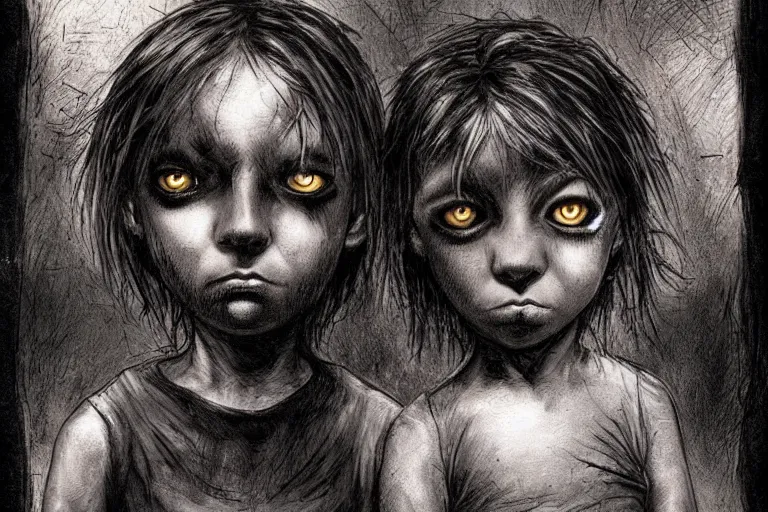 Prompt: black eyed kids, big black alien eyes, by ben templesmith