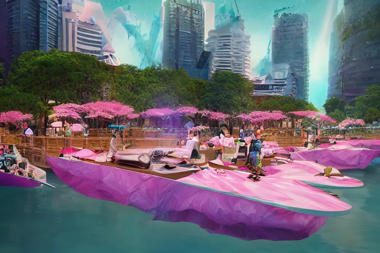 Prompt: futuristic floating markets of singapore river along boat quay turquoise and pink river during sakura tree season on thermal waters flowing down white travertine terraces during interstellar aurora borealis, gold waterfalls, vendors, festivals, fun, by peter mohrbacher, james jean, james gilleard, greg rutkowski, vincent di fate, rule of thirds, octane render, beautiful landscape